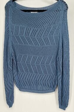 Bluivy Blue Pointelle Open Knit Sweater S/M Coastal Boho Beach Resort Pullover